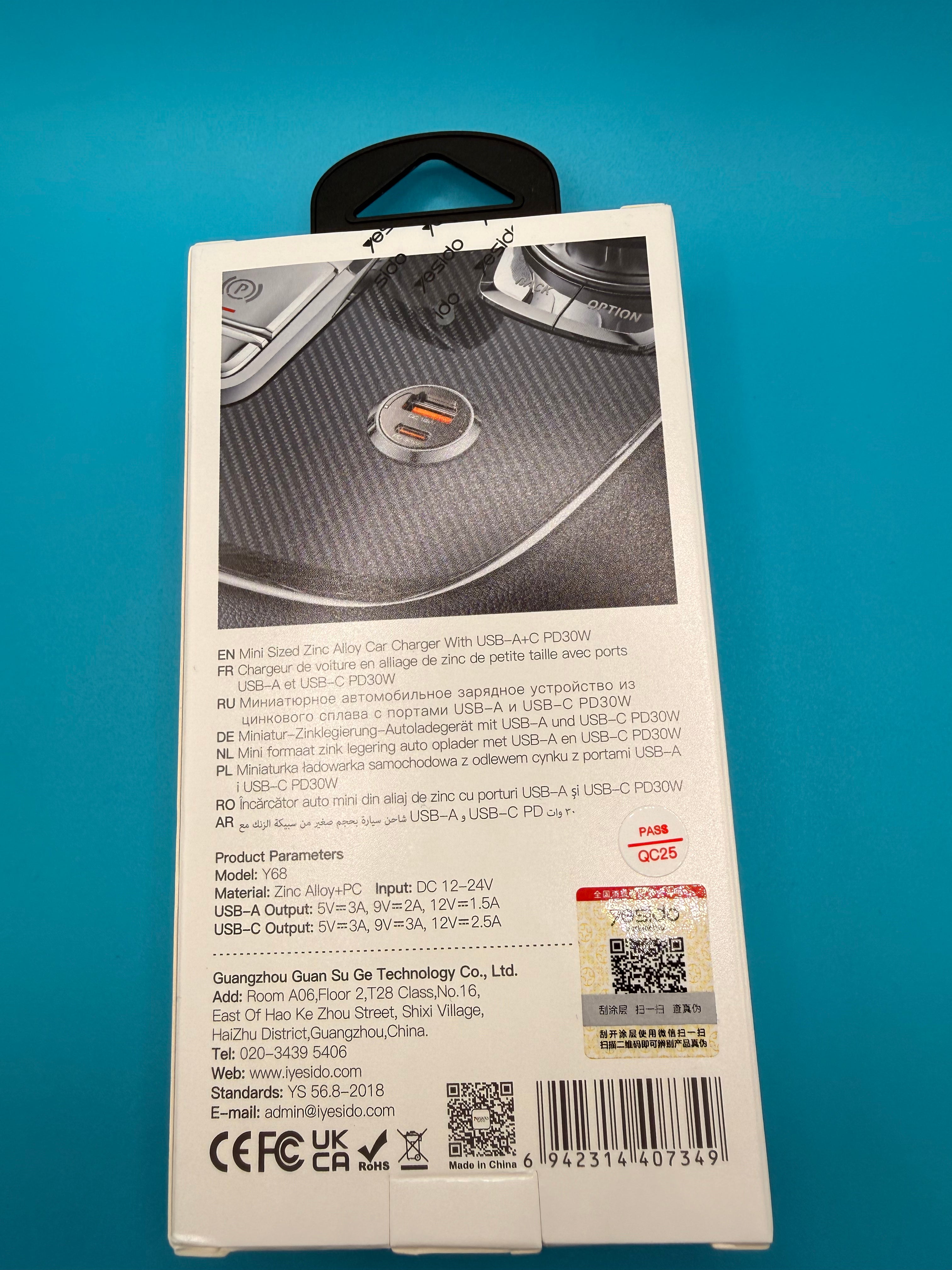 Incarcator Auto 30W , 3A, 2x USB C - Yesido69